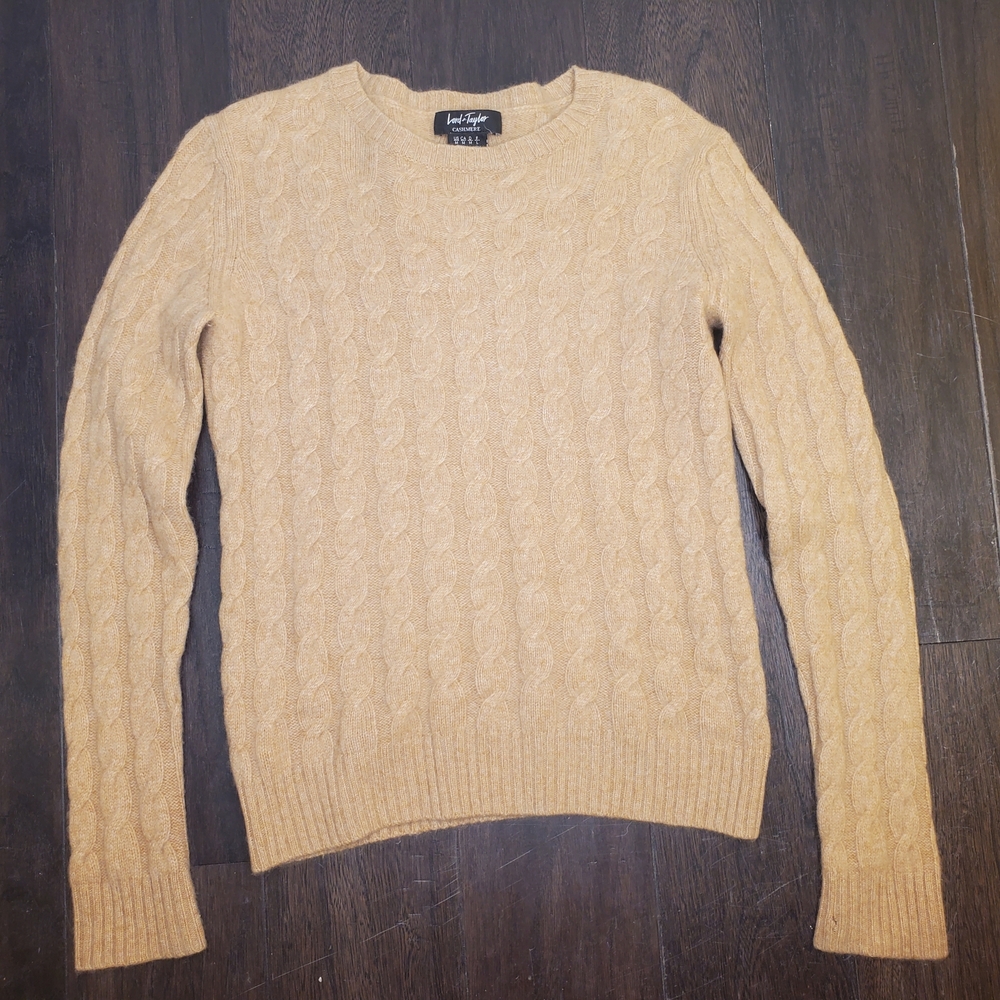 Lord & Taylor Womens Tan Cable Knit Cashmere Crewneck Sweater